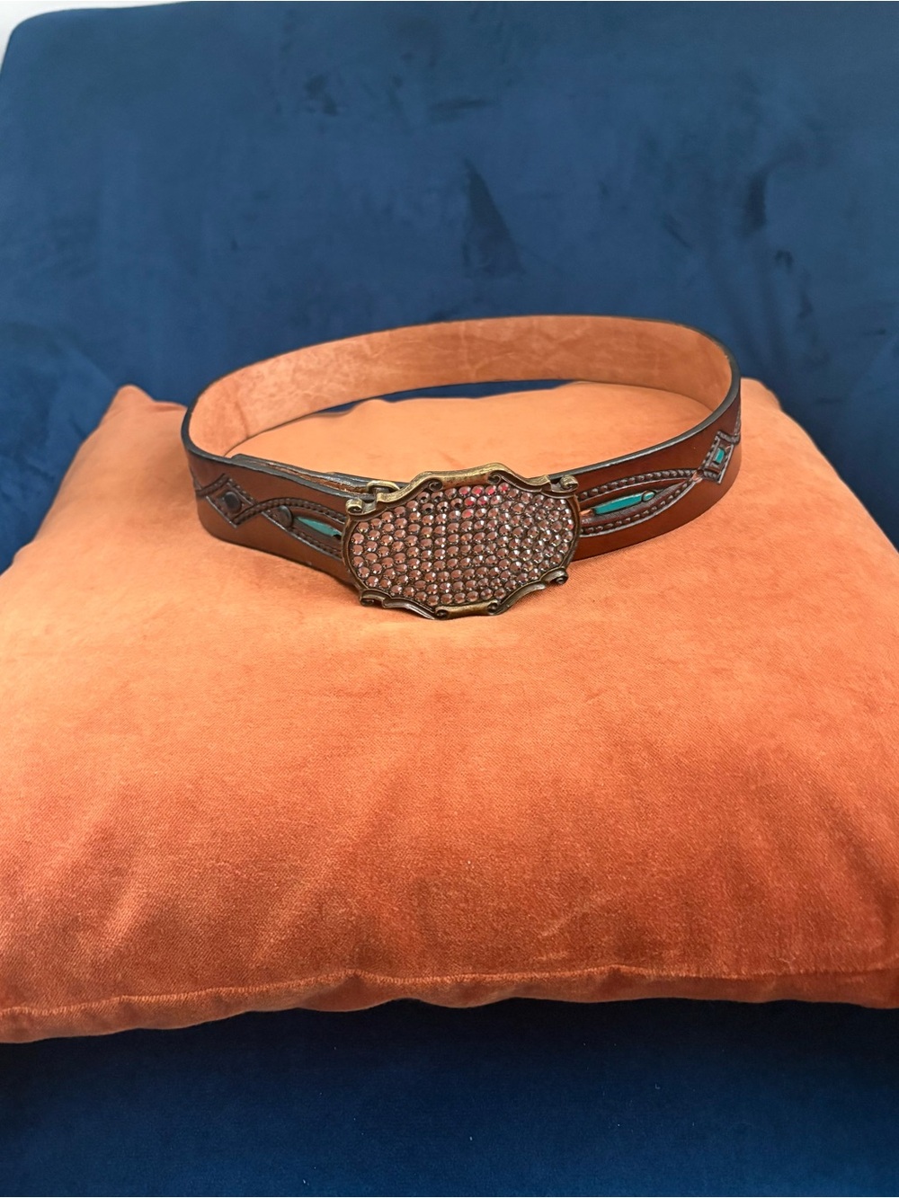 VTG Brown Leather Belt with Decorative Antiqued Buckle and Turquoise Accents